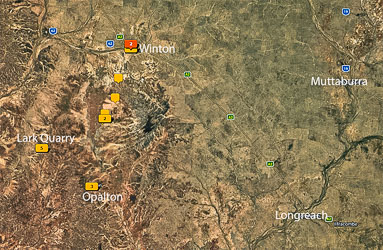 This annotated Lightroom Photo Map shows our expedition in the region south of Winton. There's a clear demarkation between the Mitchell Grass Downs (right) and the edge of Channel Country (left). Muttaburra is a famous dinousaur site, but not on our itinerary.[2123]